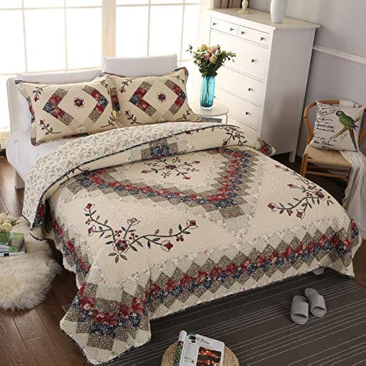 Jameswish Beige Floral Embroidered Quilt Set King Size 100% Cotton Ethnic Patchwork Bedspread Coverlet Country Rustic Embroidery Reversible Geometric Bedding Cover Set Soft Cotton Comforter Cover,3pcs
