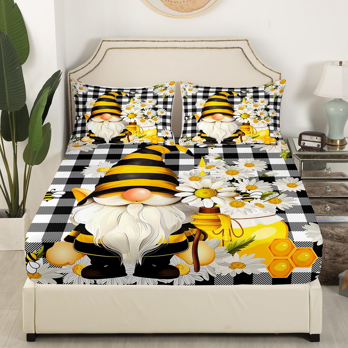 Daisy Gnomes Bed Sheet Twin Size Black White Grid Bedding Set 3pcs for Kids Girls Boys Teens Home Decor Bee Flowers Spring Style Deep Pocket Fitted Sheet Plants Nature Top Flat Sheet,1 Pillowcase