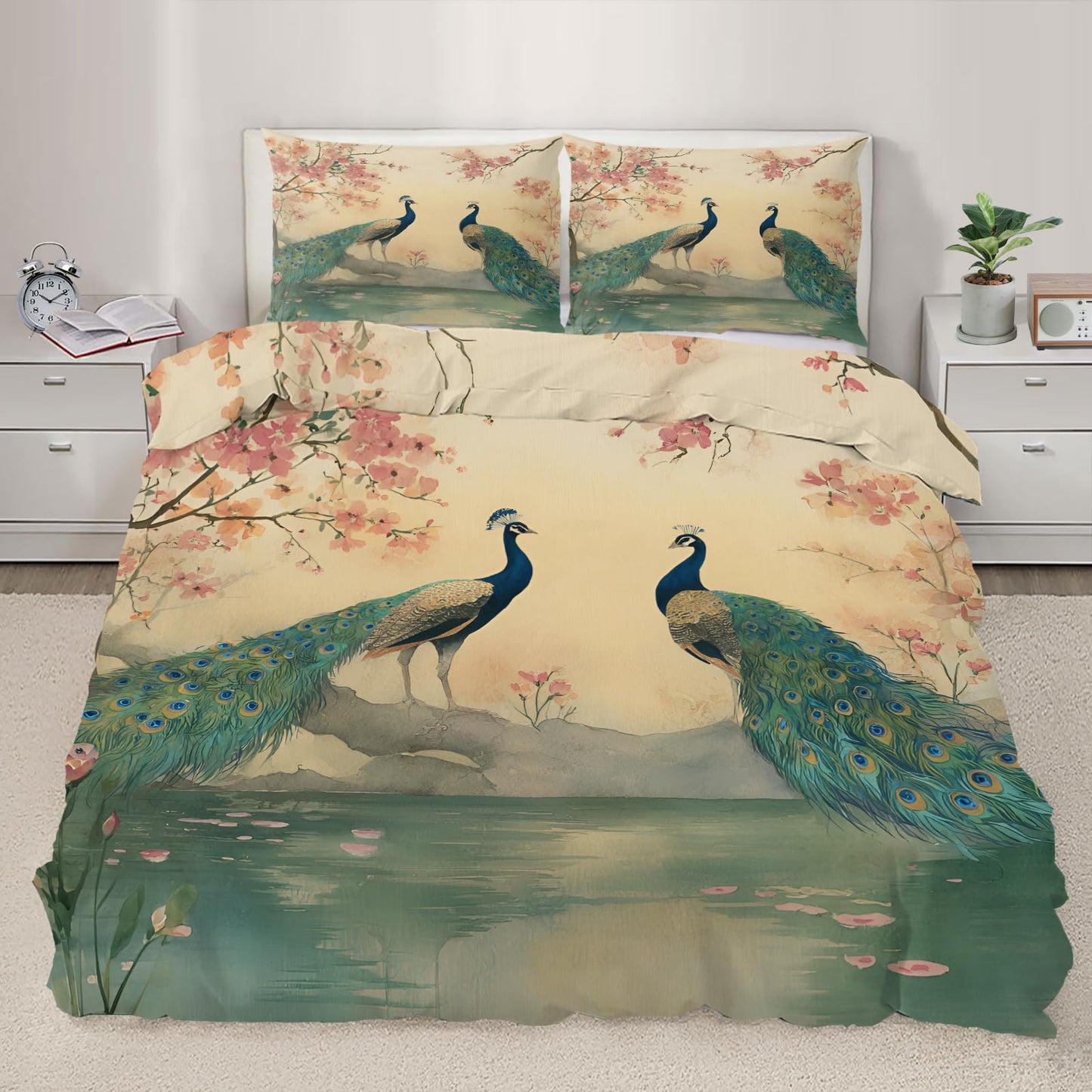 Peacock Duvet Cover Twin Size, Retro Bird Animal Comforter Cover 68" x 90", Oriental Floral Bedding Set with 2 Pillowcases