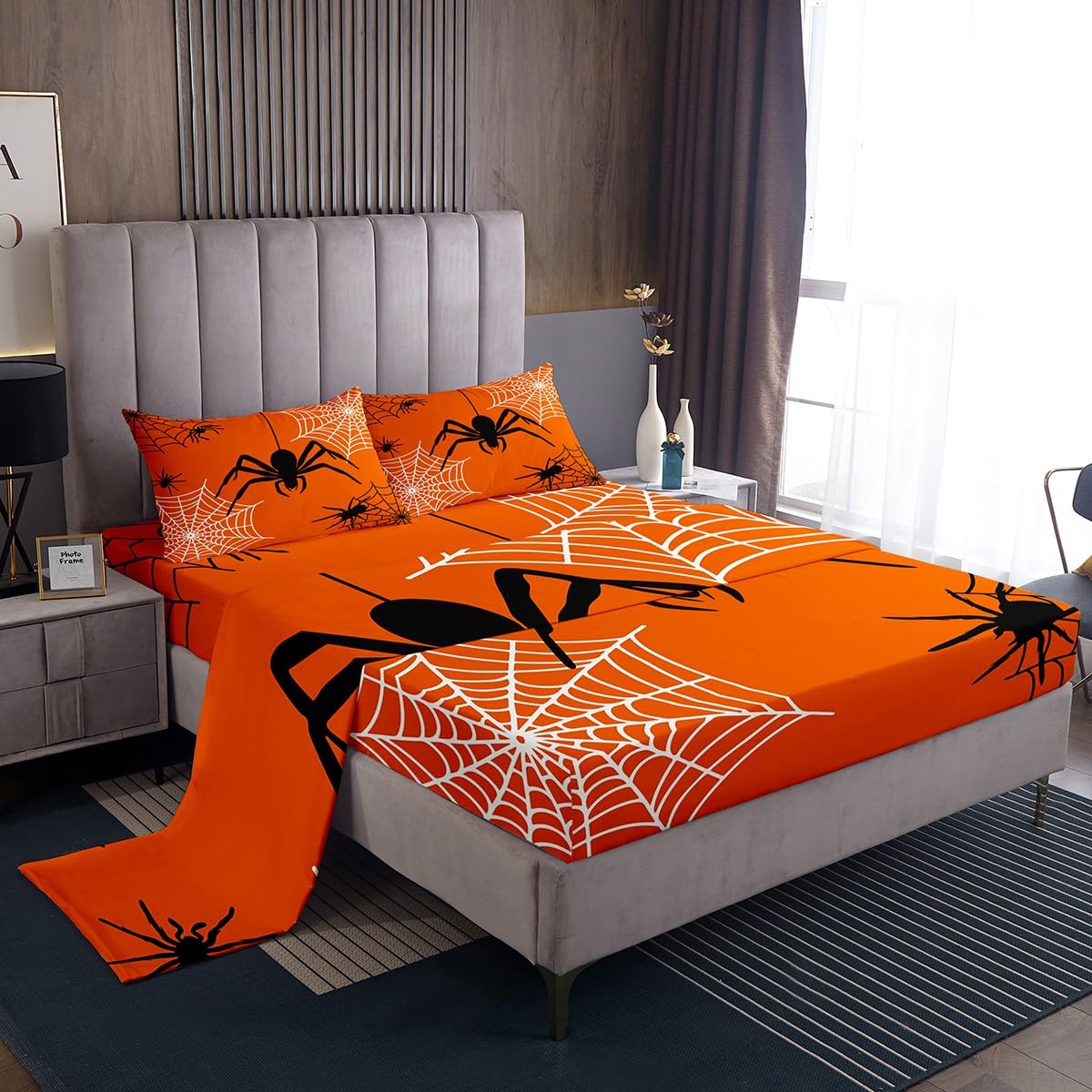 Castle Fairy Halloween Bed Sheets Full Size 4 Pcs,Black Spider Wild Animals Bedding Set for Kids Teens Adults,Black White Spider Web Grid Sheet Set with Flat,Fitted Sheet,2 Pillowcases