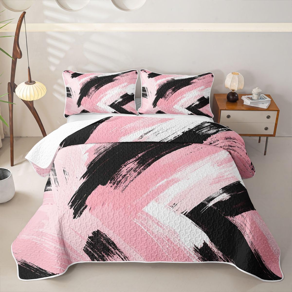Feelyou Pink Black Bedding Set Kids Abstract Quilt Sets Queen Size Modern Stripes Bedspread Coverlet for Room Soft Modern with 2 Pillow Case