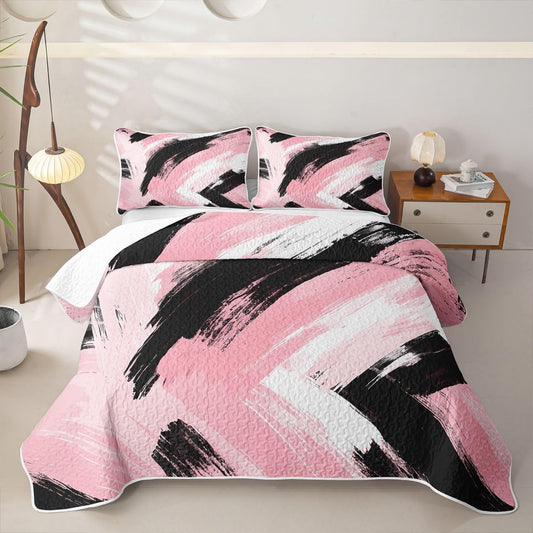Feelyou Pink Black Bedding Set Kids Abstract Quilt Sets Queen Size Modern Stripes Bedspread Coverlet for Room Soft Modern with 2 Pillow Case