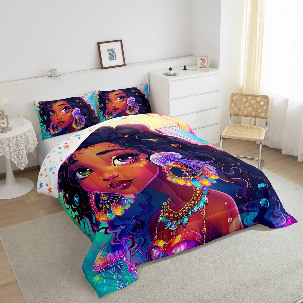Erosebridal Black Girls Bedding Set Afro Girl Twin Comforter Set for Girls,American African Princess Magical Quilt for Toddler Kids Teenager,Ocean Jellyfish Kawaii Room Decor