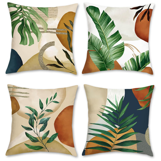 Bonhause Boho Abstract Tropical Leaves Pillow Covers 18x18 Set of 4 Mid Century Modern Decorative Pillows Case Soft Velvet Outdoor for Couch Sofa Bed Home Decor