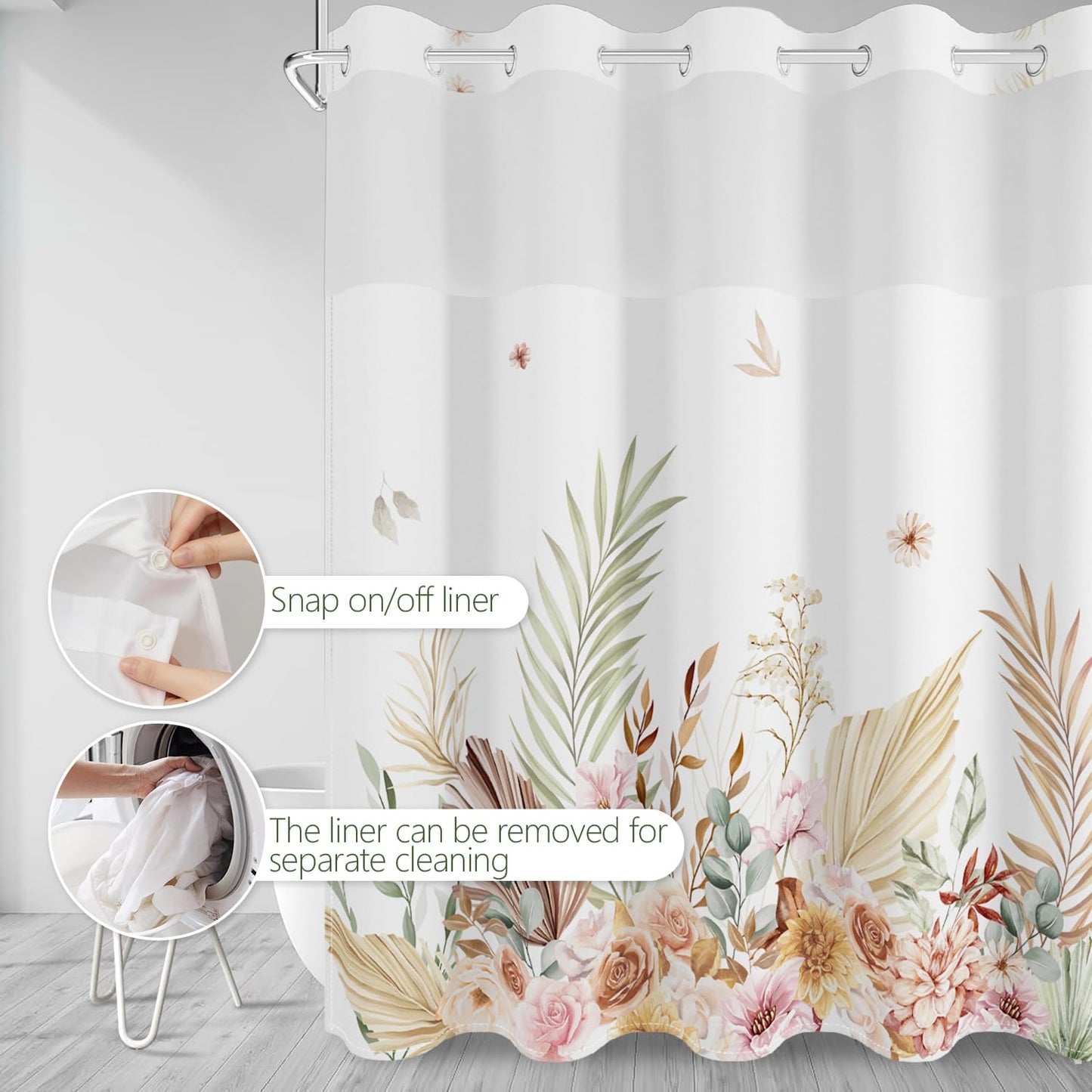 No Hook Shower Curtain with Snap in Fabric Liner Set, Waterproof & Washable,Tan Boho Watercolor Leaf Plant Floral Shower Curtains for Bathroom, Hotel Farmhouse Bathroom Curtain, House Gift, 71x74 Inch