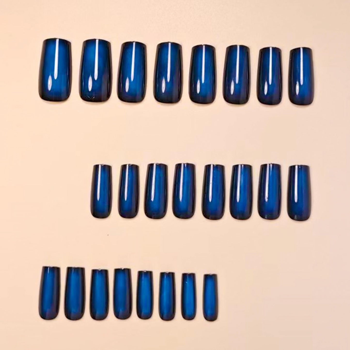 MERVF Long Square Press on Nails, Black Fake Nails Gradient Aura Blue Design Glue ons Solid Color Acrylic Nail Glossy 24pcs