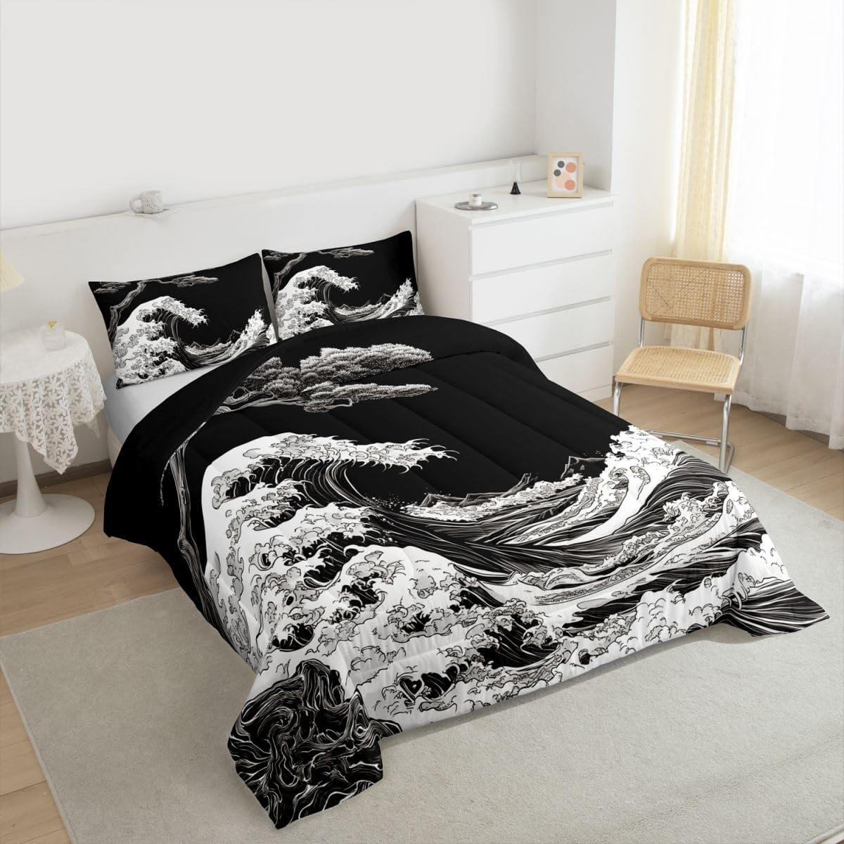 jejeloiu Wave Comforter Set All Season Japanese Style Bedding Set with 2 Pillow Cases Ocean Wave Microfiber Kids Queen Bedclothes Bedroom Decor Duvet Quilt Breathable Soft Lightweight