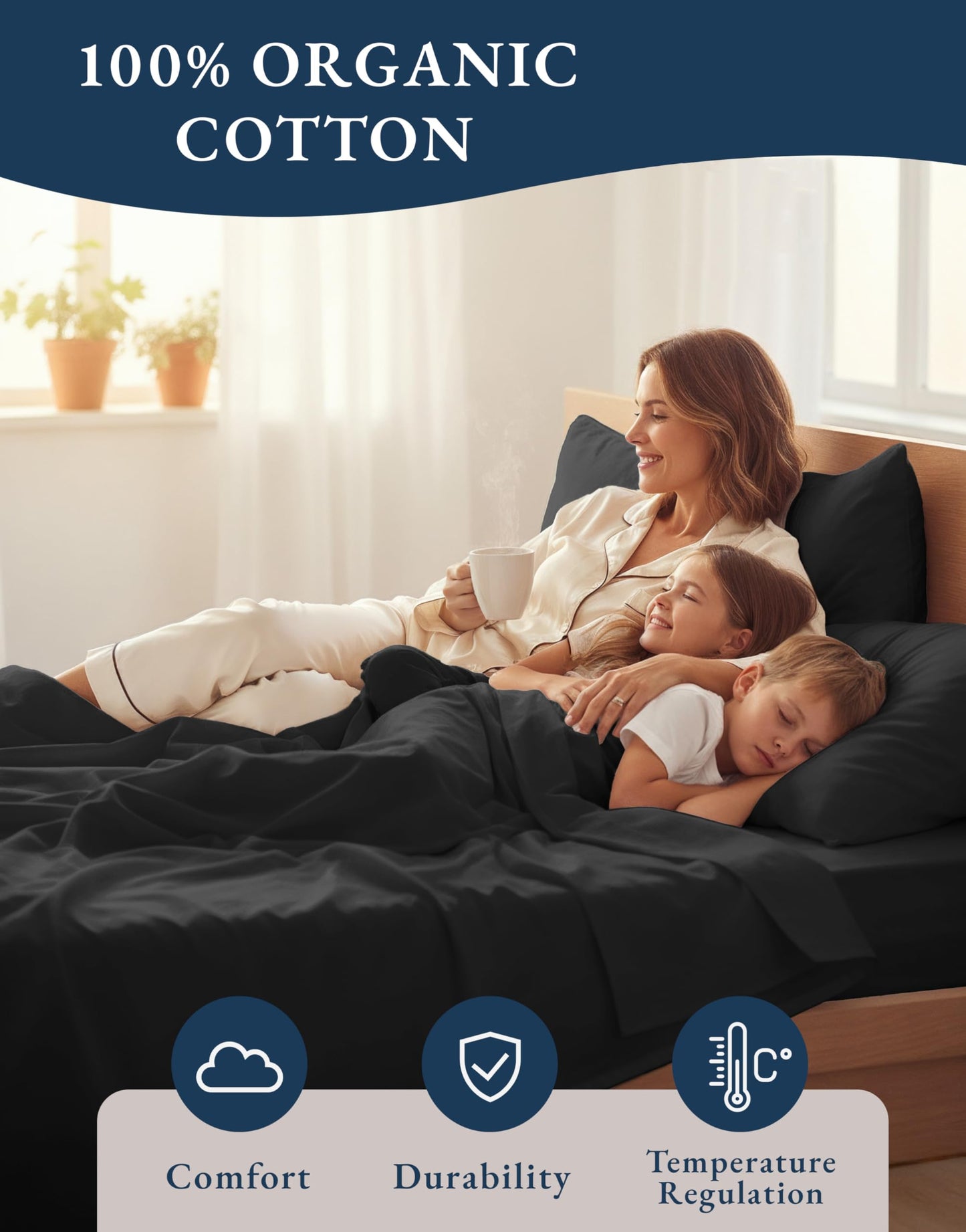 LANE LINEN Queen Sheets Cotton 100% Organic Cotton GOTS Certified Percale Weave Deep Pocket 4 Piece Soft Breathable Cooling Lightweight All Season Machine Washable Crisp - Black