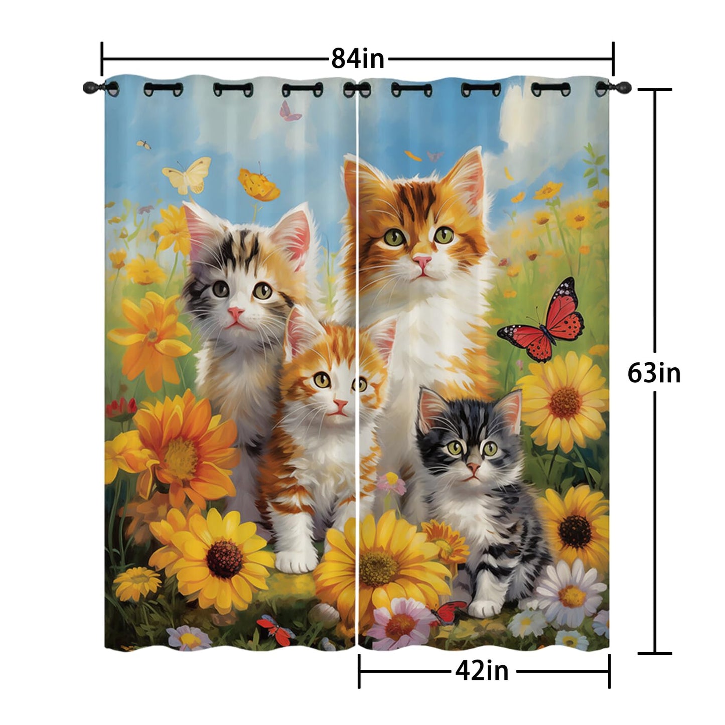 AILONEN Kids Cute Cat Window Curtain,Kawaii Kitten Curtain Tiers for Bedroom,Cat Lover's Animal Sunflower Design Window Treatments Drapes for Kids Girls, 42" W x 63" H (2 Panels)