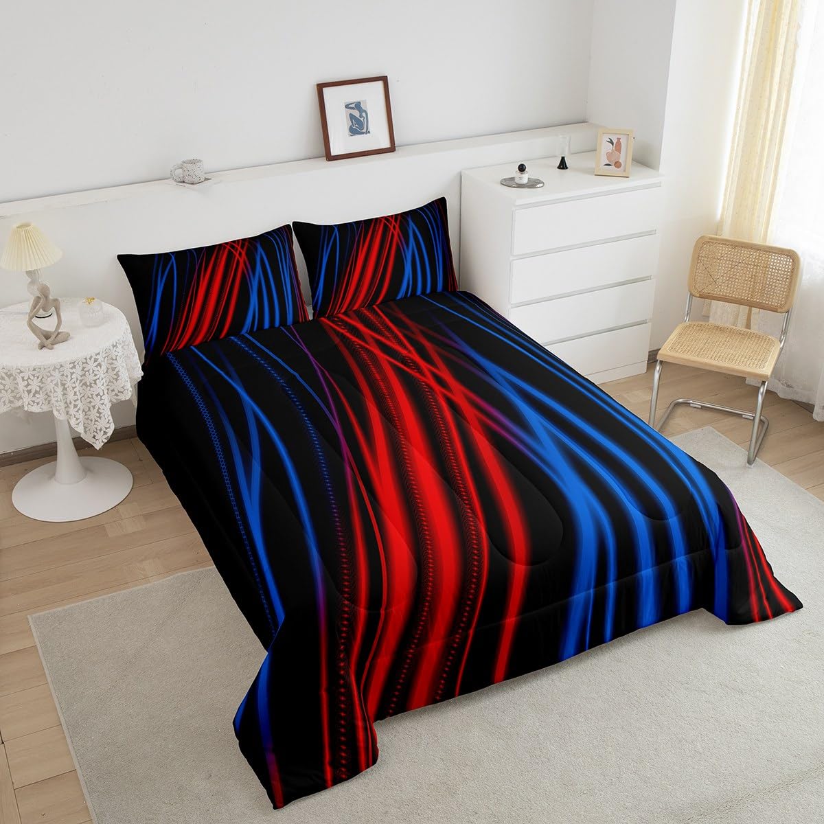 Feelyou Red Blue Stripes Comforter Full Size Ombre Red Blue Black Reversible Comforter Set for Boys Girls Children Abstract Bedding Set Room Decor Modern Art Duvet Set 3Pcs