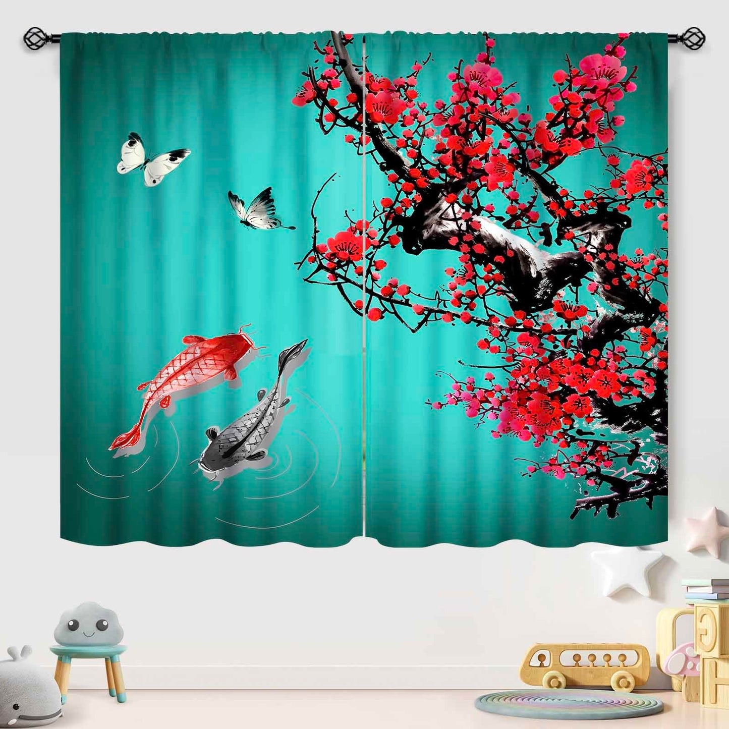 Lnepty Koi Fish Curtains,Asian Style Traditional Japanese Koi Carp Fish Cherry Blossoms Printed Green Retro Landscape Window Drapes Treatments for Bedroom Living Room 21" W x 45" L,2 Panel Set