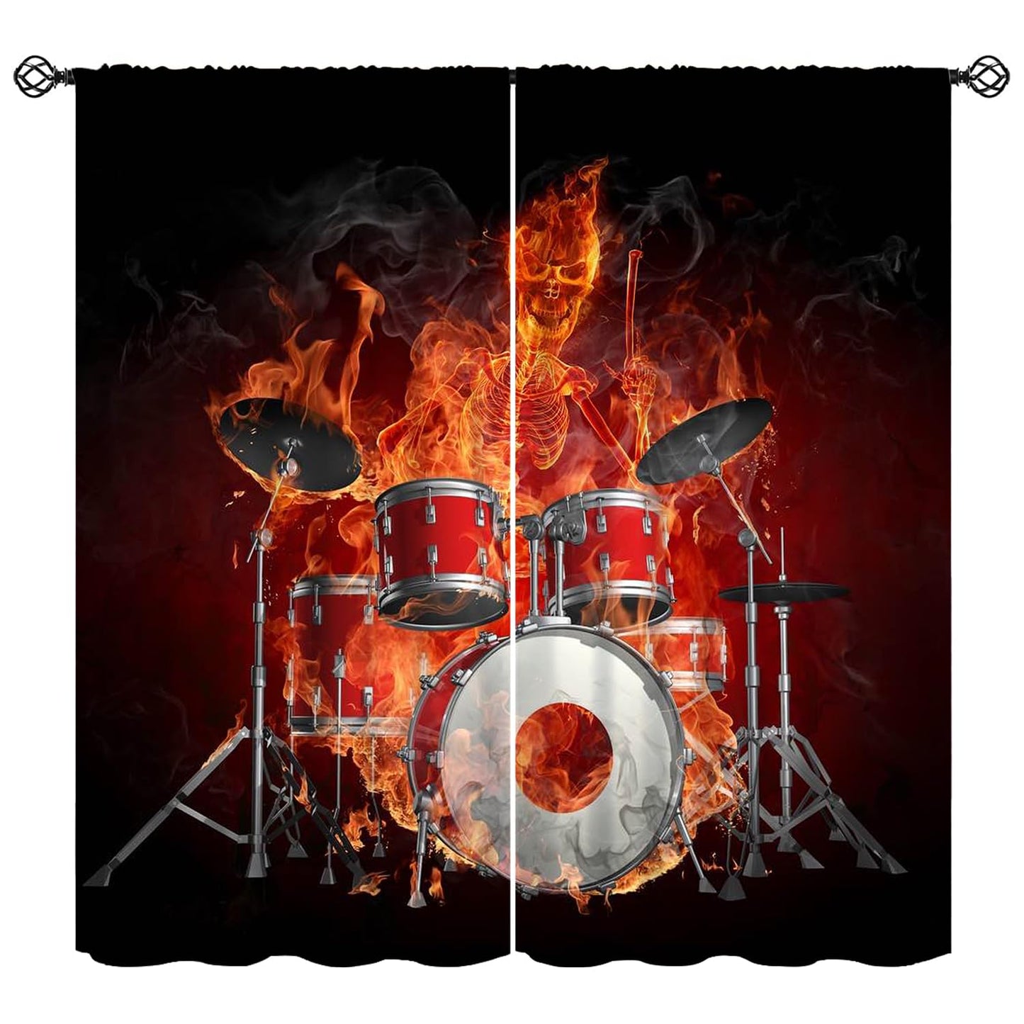 Music Curtain, Skeleton Flame Drums Hell of A Drummer Rock Music Theme Window Treatments Drapes for Boys Girls Teens Bedroom Living Room 42" W X 45" L(No Blackout)