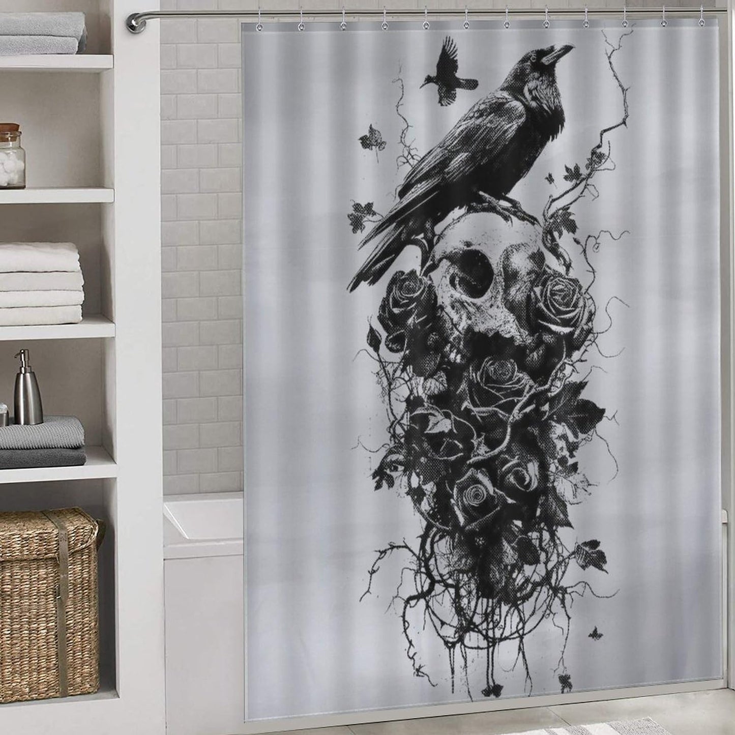 Drapeloft Skull Shower Curtain, Gothic Crow Rose Botanical Floral Mysterious Aesthetics Art Print Waterproof Fabric Bathroom Curtain with Hooks, 72"x72" Inch