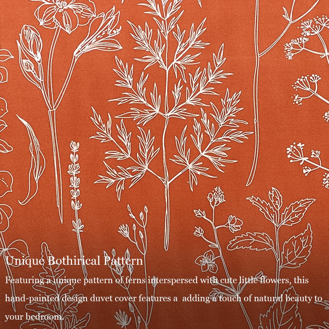 Lekesky Floral Duvet Cover Queen Size, Burnt Orange Queen Duvet Cover Plant Flowers Pattern Bedding Set for All Season, Soft Breathable Duvet Cover with Zipper Closure & Corner Ties