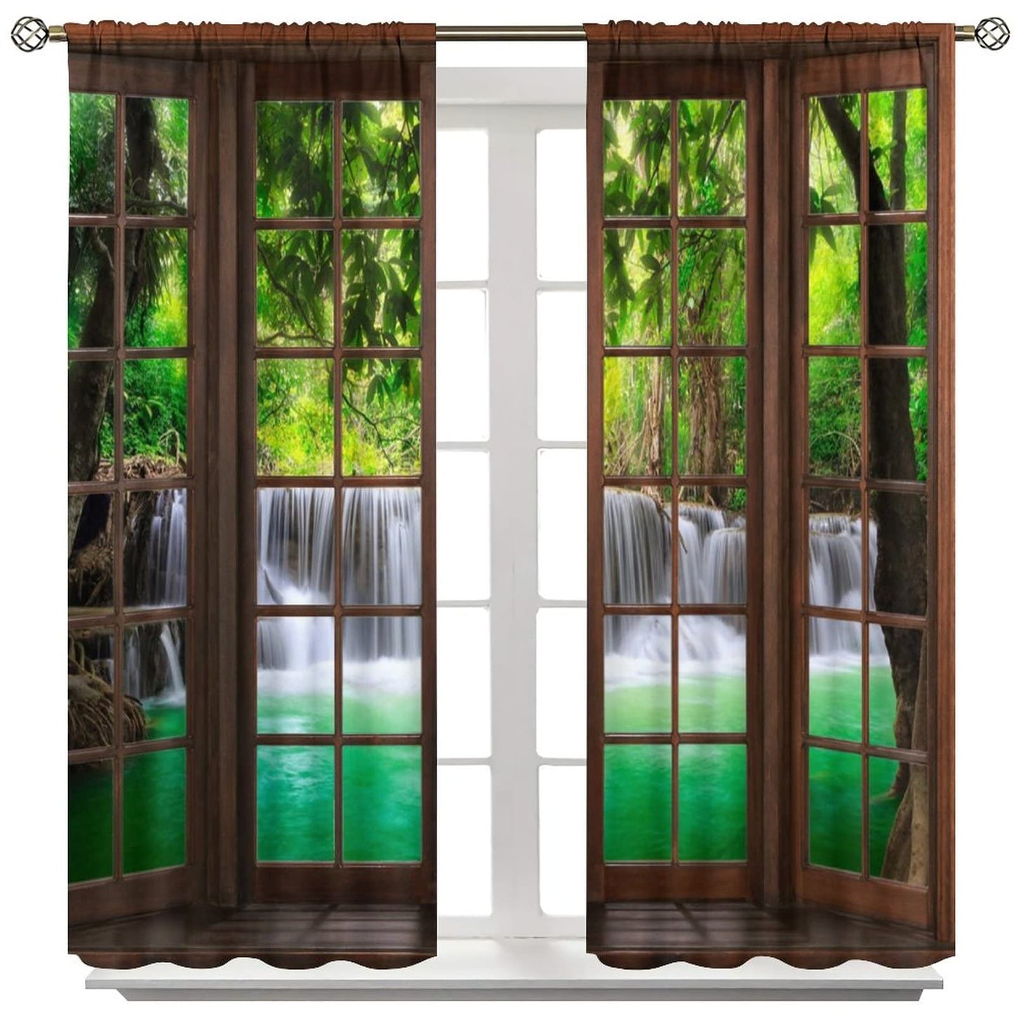 SENRUEGT Natural Landscape Window Curtains, 3D Spring Forest Waterfall Nature Scenery Print Bedroom Living Room Kitchen Window Treatments Drapes 42x45 Inch