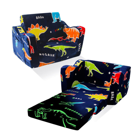 ONEKUKA Toddler Couch, Glow in the Dark Dinosaur Kids Couch, 2-in-1 Foldable Flip Open Kids Sofa Chair for Reading, Playtime and Playroom, Gift for Boys and Girls