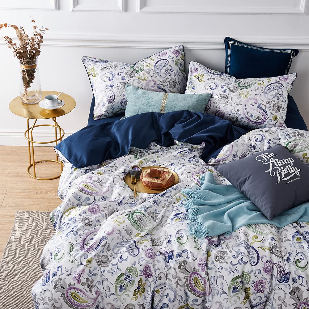 Cupocupa Duvet Cover Set, Queen, Microfiber, White Paisley Pattern, Boho Floral, 3 Pieces