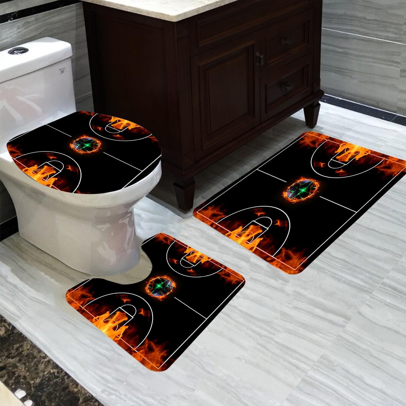 JPSBJWJ 4 Pcs Basketball Court Bathroom Set - Black Basketball Shower Curtain Sets Cartoon Sports Shower Curtain with Rug,Toilet Cover,U Shaped Mat and 12 Hooks