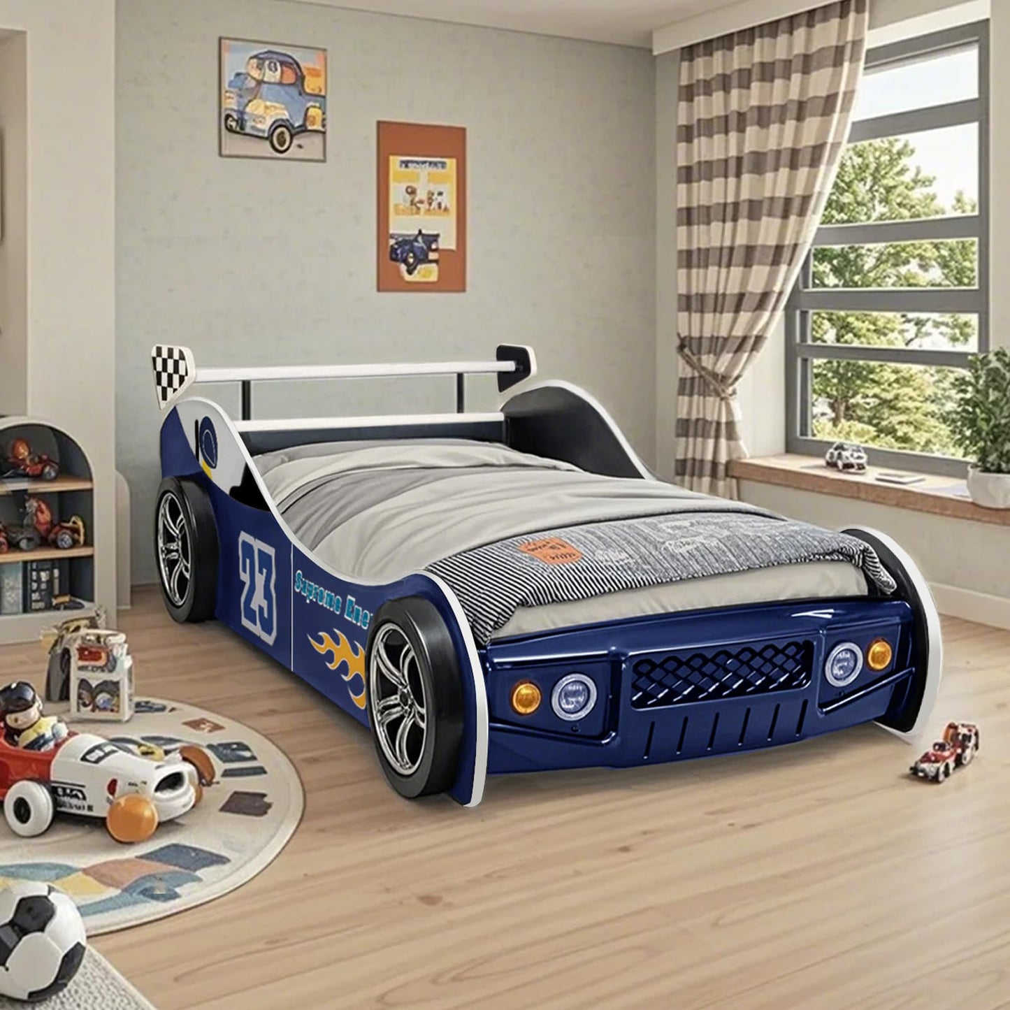 LKTART Car Bed Twin Size for Kids, Race Car Shaped Wooden Platform Bed Frame with Headboard Wheels and Support Slats for Boys Toddlers Child's Bedroom (Blue)