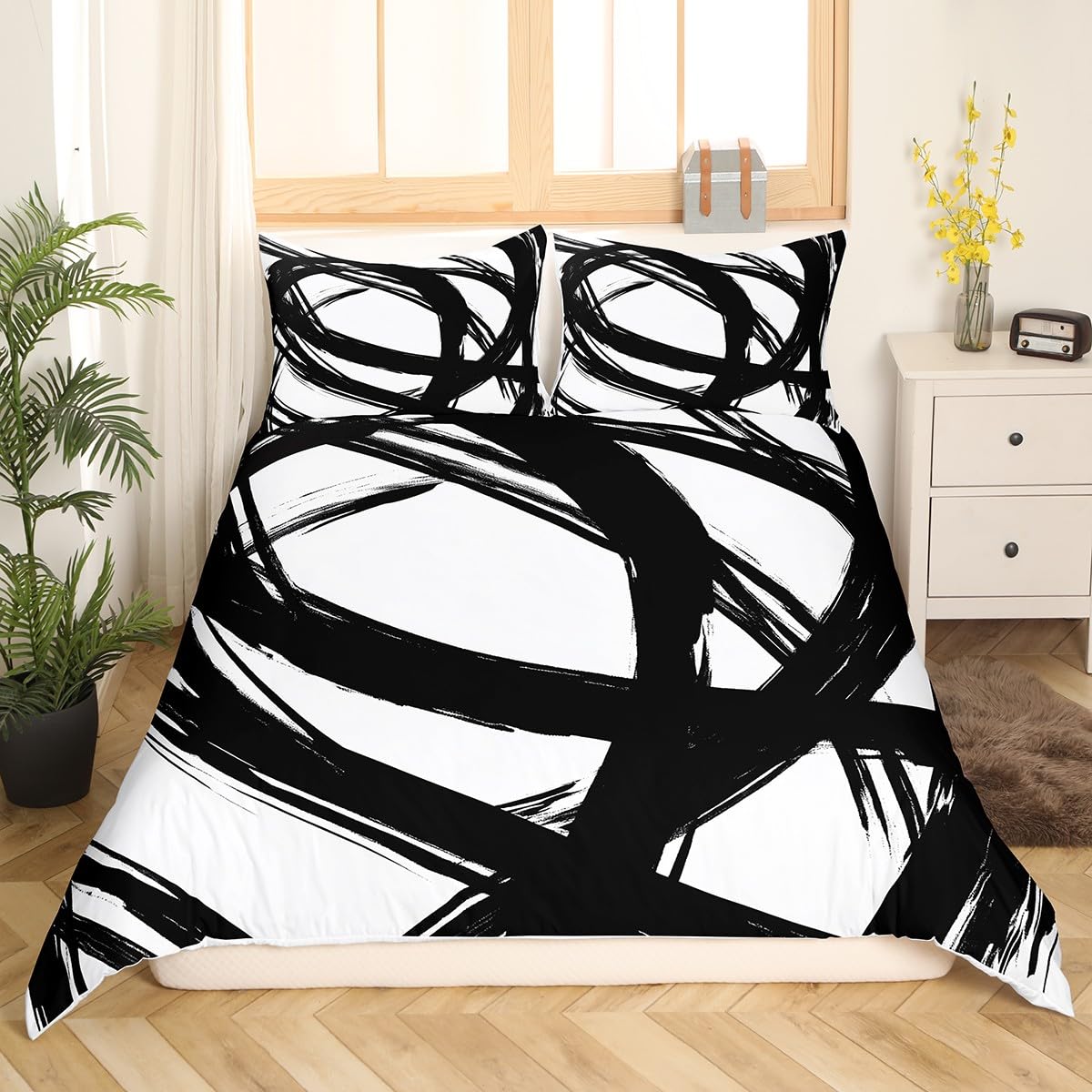 Erosebridal Black and White Abstarct Duvet Cover King for Adult Women Men, Geometric Striped Comforter Cover for Minimalists,Graffiti Aesthetic Lines Bedding Set,Contemporary Boho Modern Art Bed Set