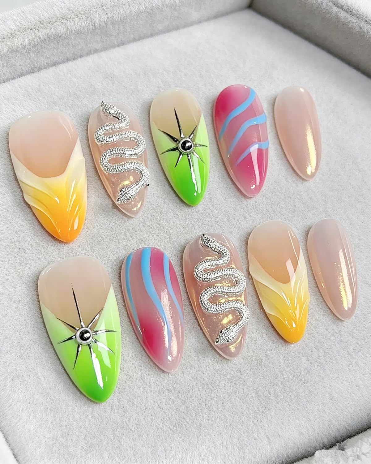 CAMILCY Luxury Handmade Press On Nails Y2K Gradient Long Almond Fake Nails 3D Silver Green Orange Pink Swirl Acrylic Nail Tips Salon Quality Reusable Gothic Trendy False Nails for Women (A139, M)