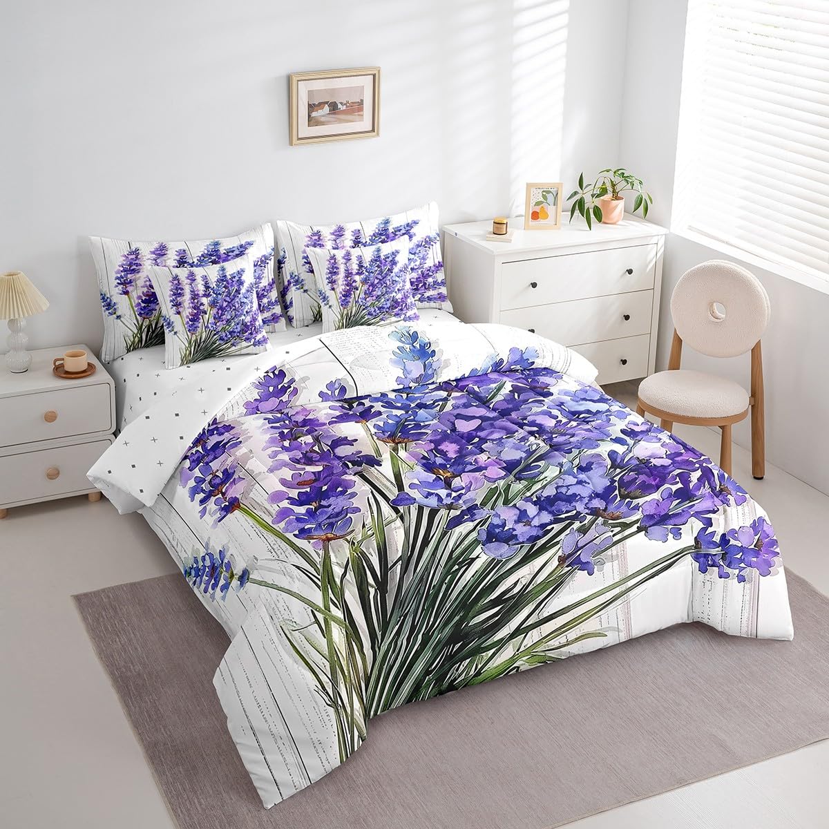 Erosebridal Lavender Flower Comforter Set Full Size,Oil Painting Floral Bedding Set for Kids Teens,Groovy Lavender (Comforter+Fitted+Flat Sheet+2 Pillowcases+2 Throw Pillow Covers) 7 Pieces Bed Set