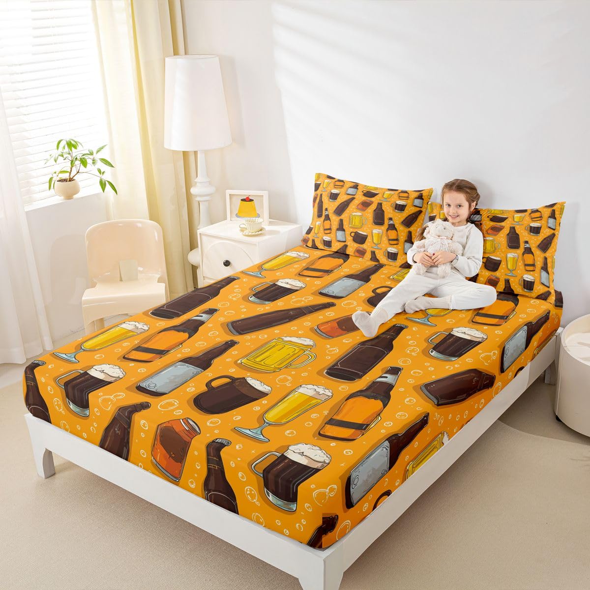 Beer Theme Fitted Sheets Full Size (No Flat),Beer Bottle and Glass Print Bedding Set 3Pcs,Kids Teens Woman Room Decor,Cheers Bed Sheet Drinking Beer Deep Pocket Sheet,2 Pillowcases