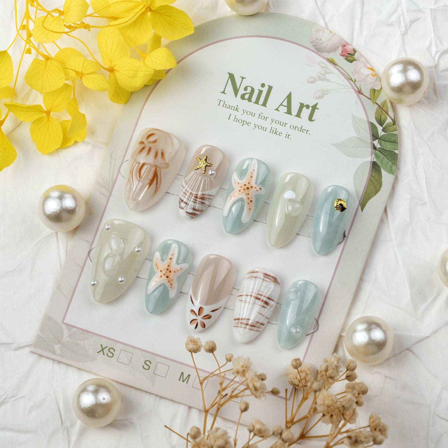 3D Ocean Press on Nails, Medium Almond Beach Fake Nails with Starfish, Jellyfish, Shell, Pearl Designs, Glossy Summer Reusable False Nails with Glue Tabs - 30Pcs Nail Kit for Women