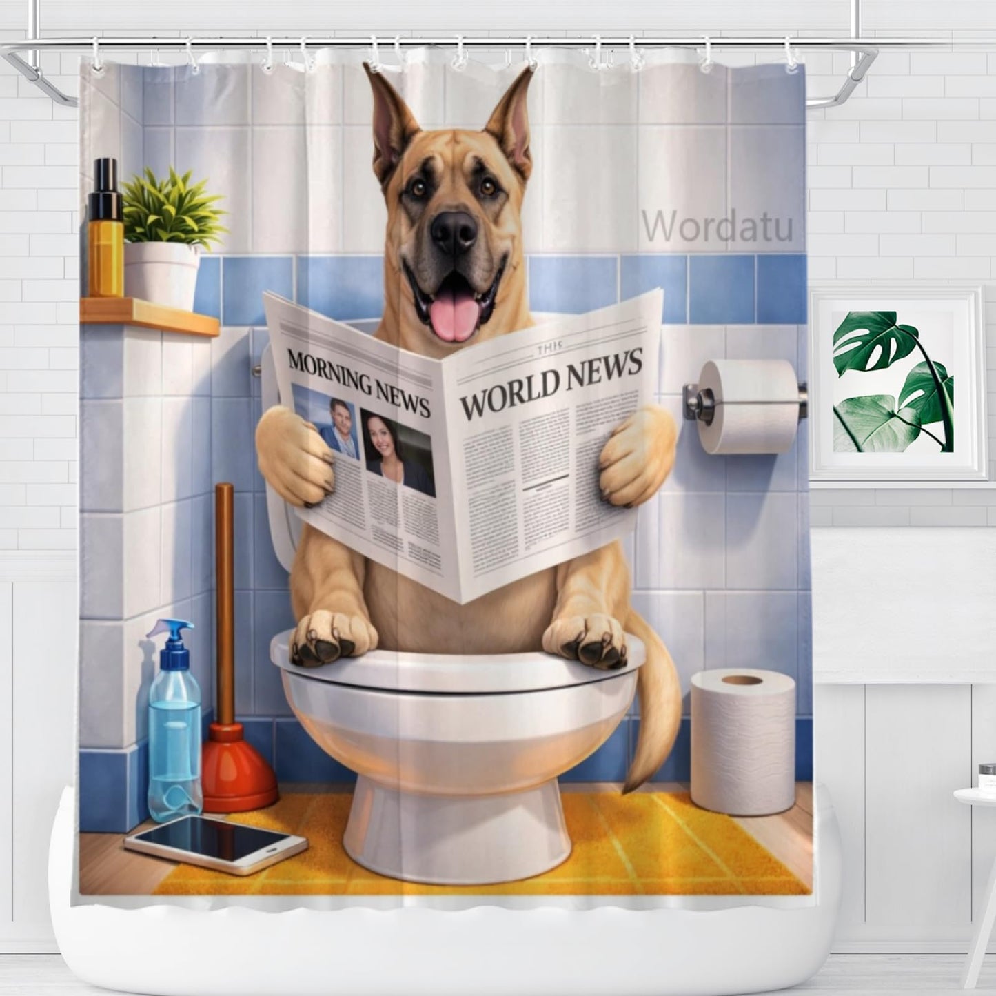 Wordatu Golden Retriever Read Book Shower Curtain Bathroom Fabric Waterproof Polyester Fun Pet Puppy 12 Hooks 72x72 Inches