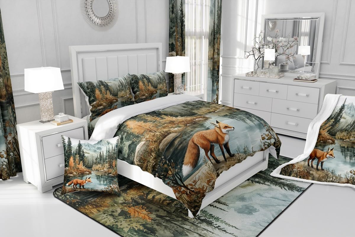 Fox Woodland Bedding Set Full Size,Woodland Pine Tree Comforter Set for Kids Girls Boys Adults Room Decor,Lake Mountain Wildlife Duvet Insert 3Pcs,Nature Botanical Soft Quilt Set,2 Pillowcases