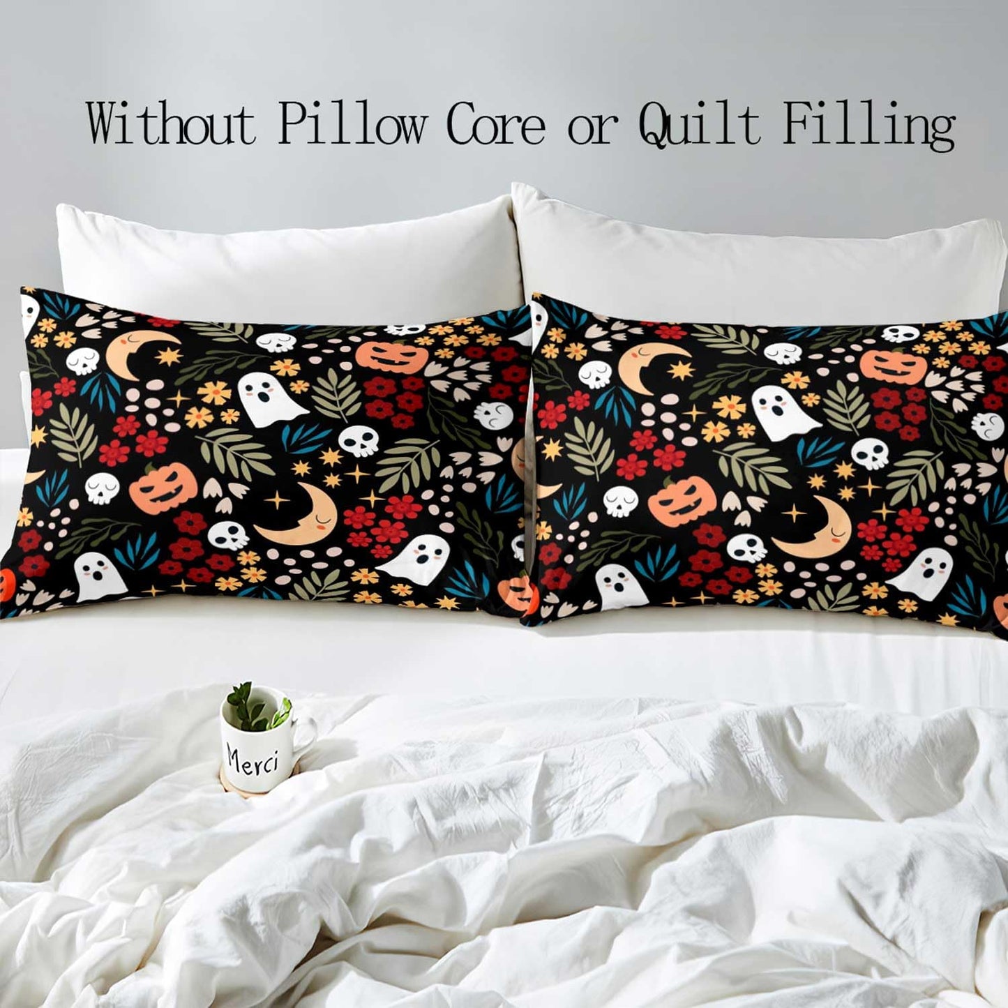 LUVIVIHOME 3PCS Botanical Cute Ghost Duvet Cover Queen Bedding Sets, Boys Girls Kids Bedding, Spooky Gothic Funny Pumpkin Skull Moon Star Flower Plant Leaves Halloween Comforter Cover, 2 Pillow Cases