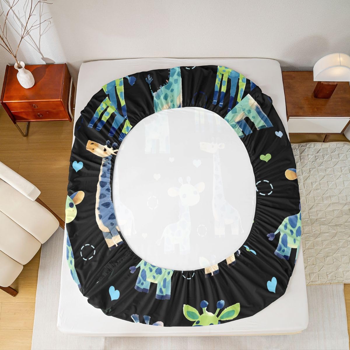 Erosebridal Giraffe Bed Sheets Full Black and Green Sheet Set for Kids Boys Girls Cartoon Kawaii Sheets Geometric Circle Wild Animal Flat Fitted Sheet 3 Pcs