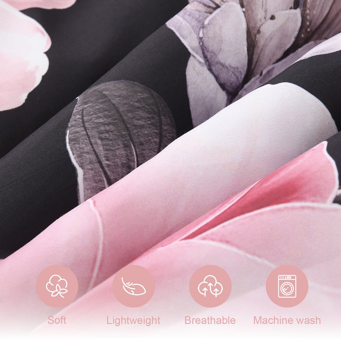 Floral Comforters Queen Size 7 Pieces Botanical Black and Pink Comforter Set Ulter Soft Microfiber Bedding Set, Lightweight Bed Comforter Set with Sheets for All Season (Black, Queen)