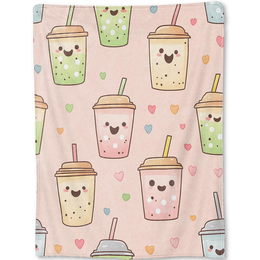 ainori Bubble Tea Blanket - Cute Smiling Faces and Hearts Pink Fleece Throw,Gifts for Kids Adult, Soft & Warm,Lightweight, for Whimsical Modern Decor, Bobas Lovers, and Room Home Accents 50x60in