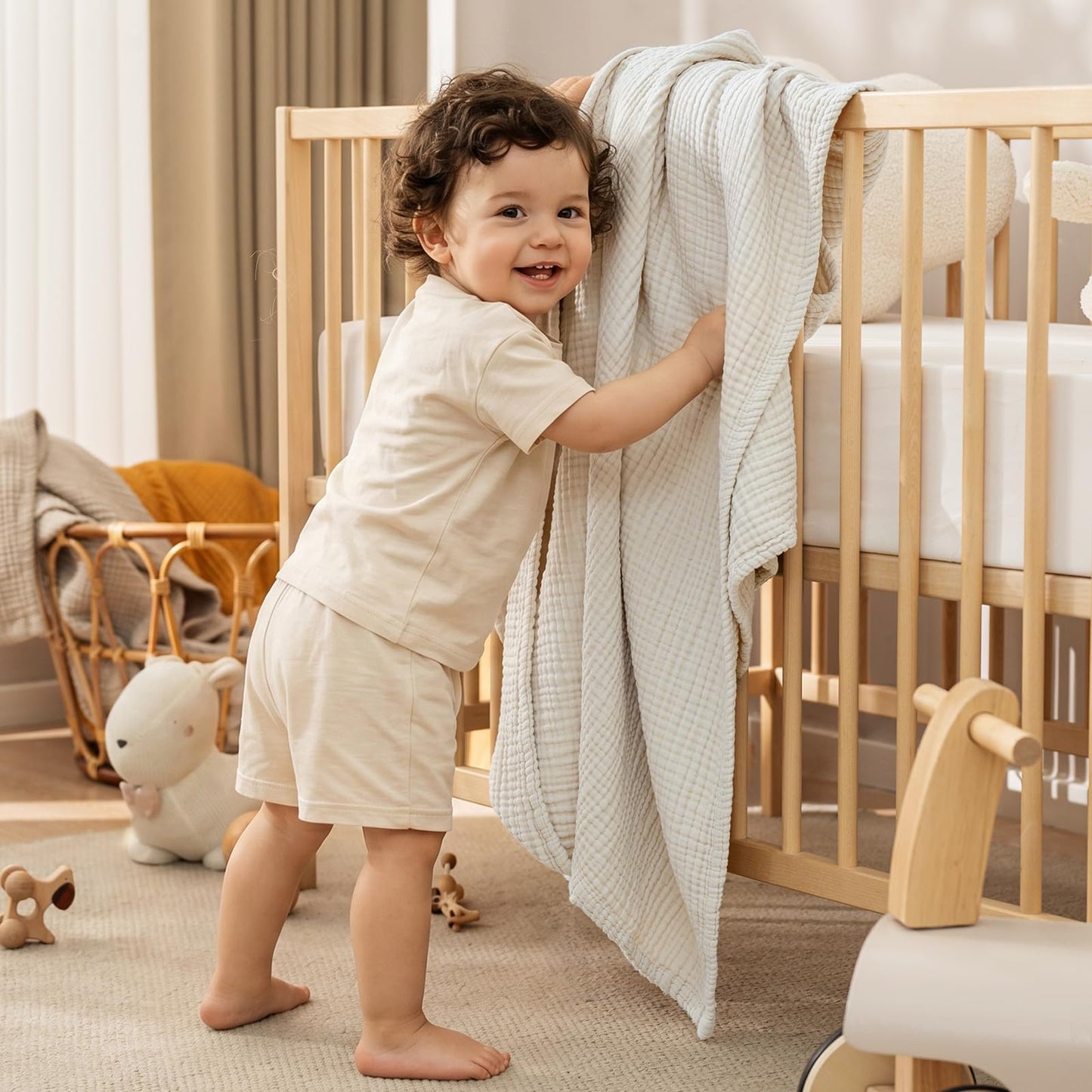 PHF 100% Cotton Muslin Throw Blanket 50" x 60", 4-Layer Lightweight and Breathable Blanket, Luxuriously Soft Gauze Throws for Couch Bed Sofa, Ideal Gift Choice, Oat Milk