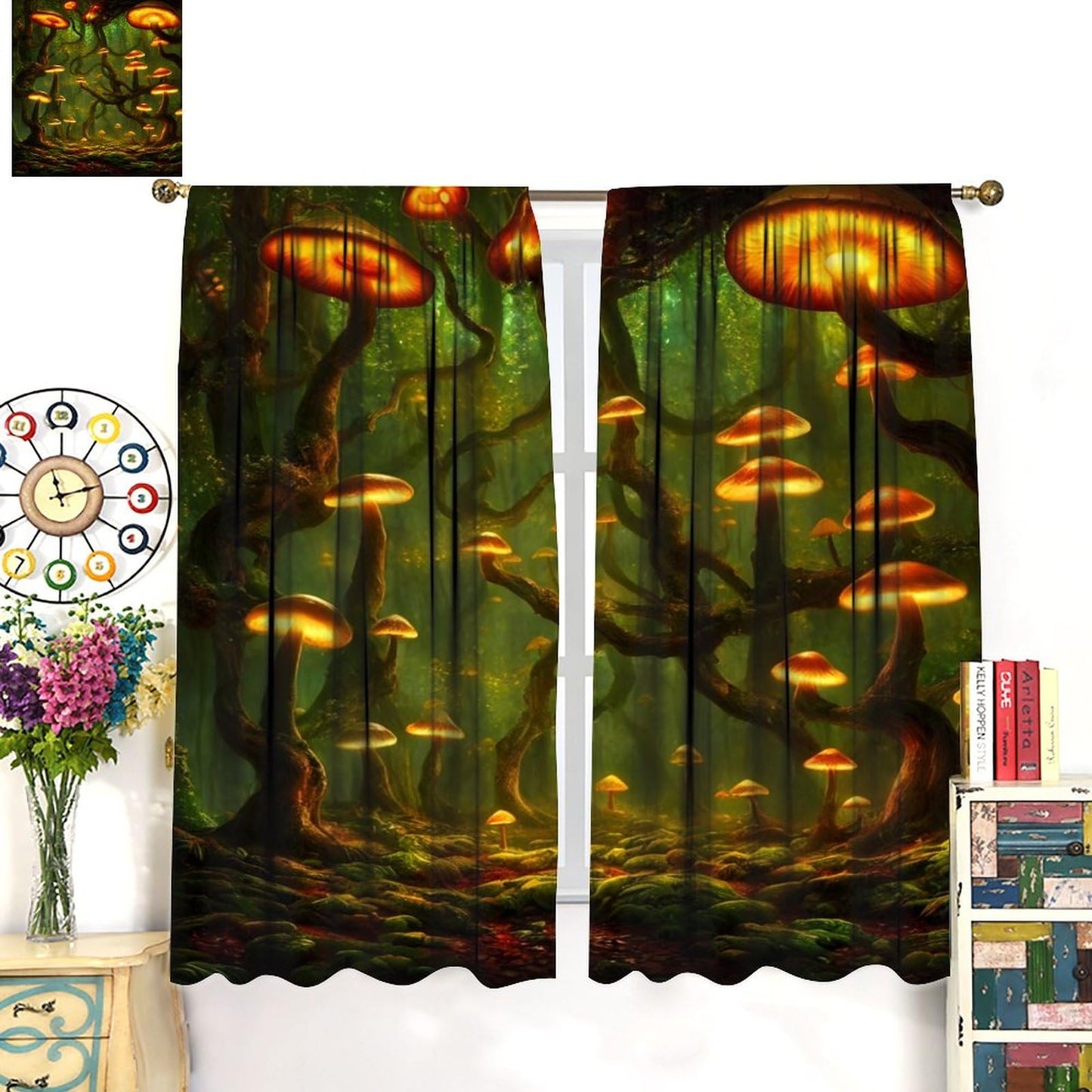 Fantasy Mushrooms Blackout Curtains,Forest Misty Jungle Background Gothic Style Room Darkening Door Window Rod Pocket Curtain for Living Room Bedroom W42xL45in