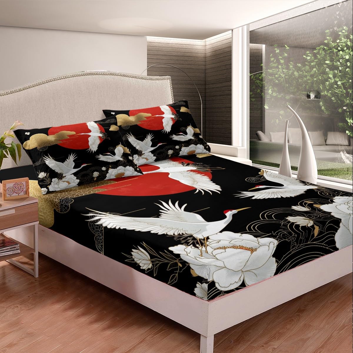 Feelyou Japanese Crane Bedding Sheets Full Black Gold Ukiyoe Theme Bed Sheet Set for Adult Kids Asian Anime Fitted Sheet Wild Animal Bed Cover 3Pcs,1 Fitted Sheet+2 Pillow Sham（No Flat Sheet）