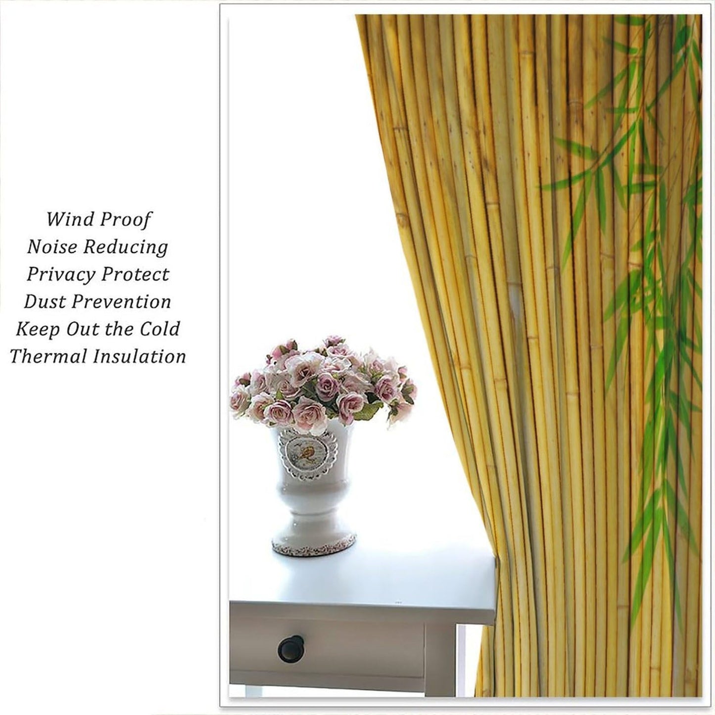 TYVGICZ Bamboo Floral Curtains, Elegantly Bamboo Asian Japanese Chinese Leaves Yellow Red Pink Green Window Treatments for Bedroom Living Room Drapes 2 Panels 42x45 Inch
