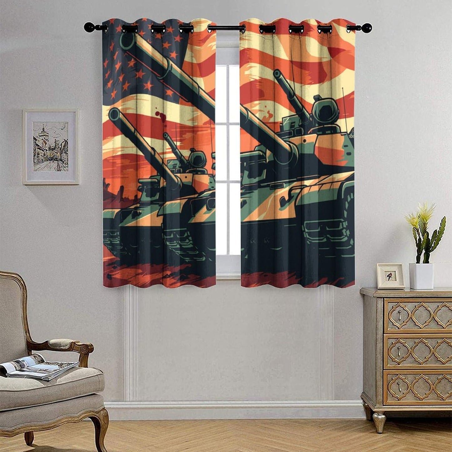 TOWINSFB Vintage Tank USA Flag Blackout Curtains for Bedroom/Living Room, American Patriotic Military War Theme Grommet Curtains Thermal Insulated Window Drapes, 2 Panels, Each 21W x 45L