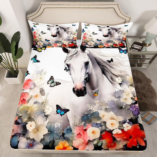 Horse Fitted Sheet Floral Butterflies Bed Sheet Set for Kids Boys Girls Children White Galloping Horse Bedding Set Ultra Soft Decor 3D Wild Animal Pattern Bed Cover No Flat Sheet Twin Size