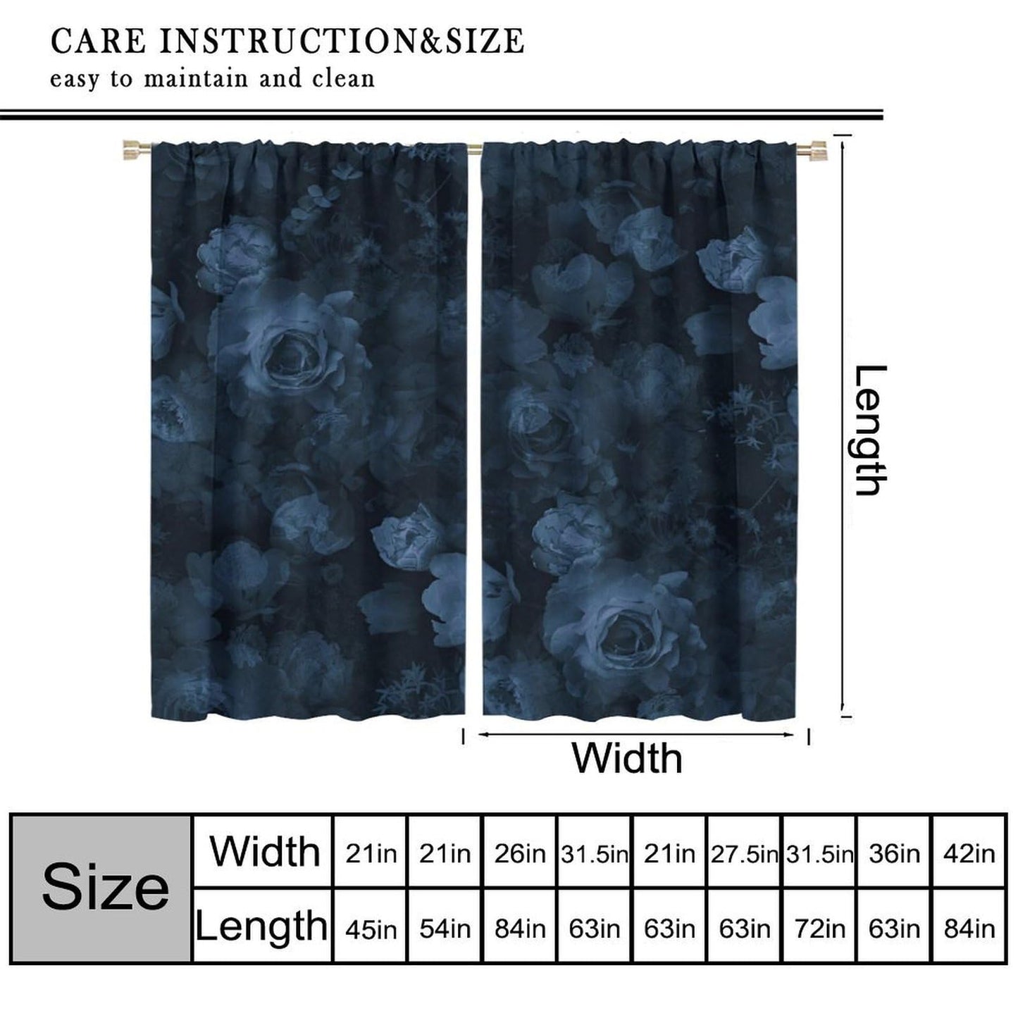 Nsbul Blue Floral Curtains, Moody Flower Rose Romantic Valentine Decor Rod Pocket Window Drapes for Girls Women Bedroom Living Room,42" W X 45" L (No Blackout)