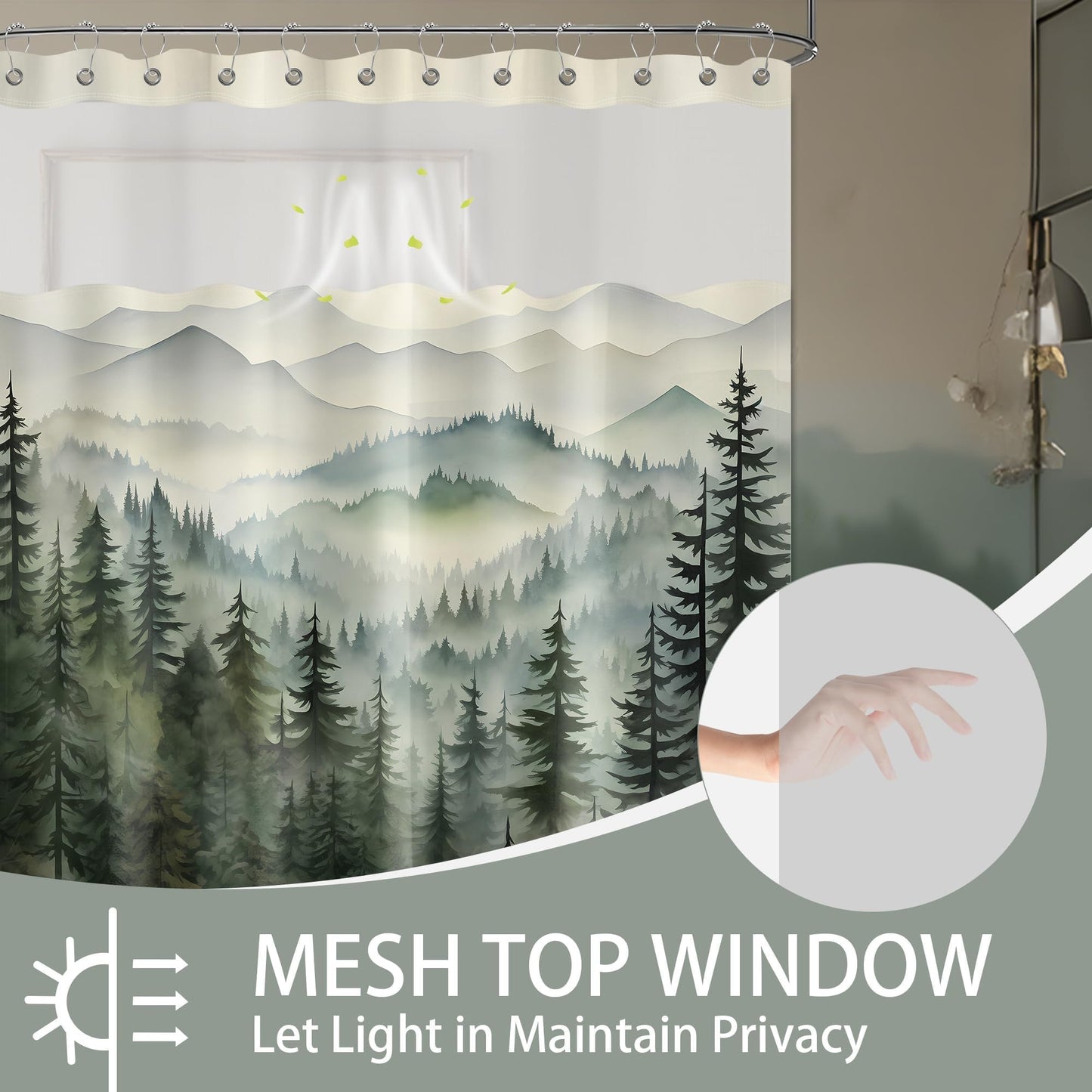 soeeao Forest See Through Mesh Top Shower Curtain with Window, Nature Mountain Double Layer Shower Curtains with Snap in Liner with Magnets, Waterproof Cloth Fabric with Hooks, 71" W x 72" L