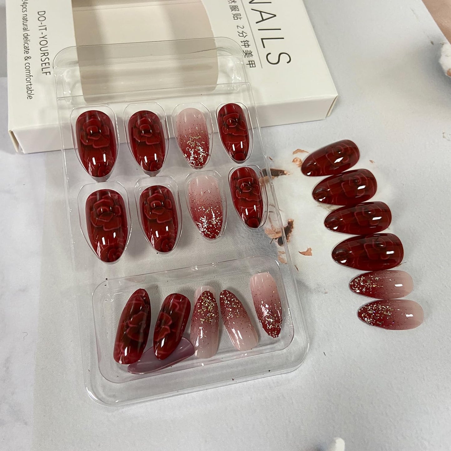 Tyuimhx Red Flower Press On Nails - Medium Almond Glitter False Nails, 24 Pcs