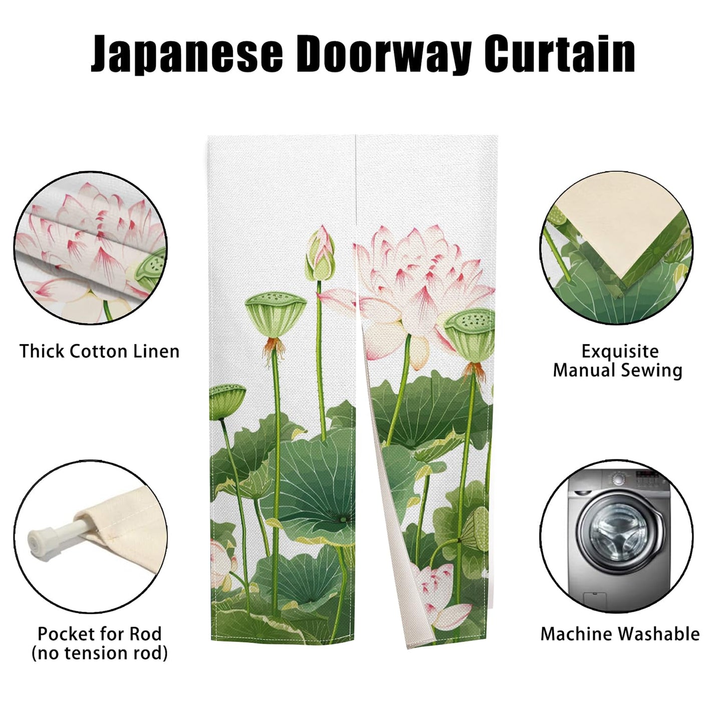 XMJJKUF Noren Japanese Doorway Curtain Chinese Traditional Lotus Printed Style Door Curtain Feng Shui Tapestry Window Bedroom Partition Kithchen Bathroom Door Decor,33.5"x 70.9"