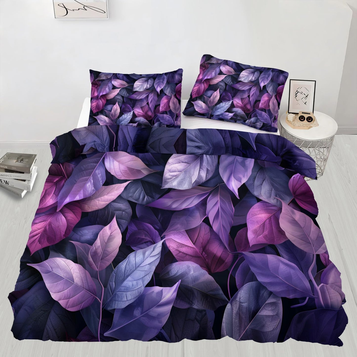 ZAMODE Leaf Duvet Cover Oversized King Size, Purple Leaves Comforter Cover 120" x 98", Dark Plants Bedding Set with 2 Pillowcases