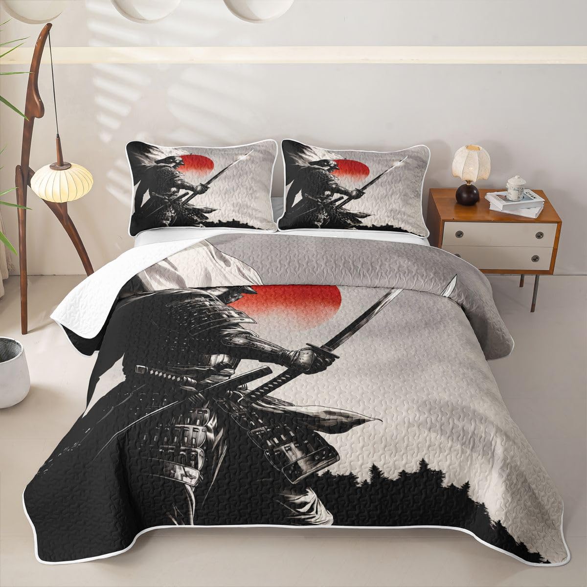 Erosebridal Boys Samurai Quilt Twin Size - Sunrise Journey Bedspread Red Sun Japanese Style Bed Coverlet with 1 Pillowcase