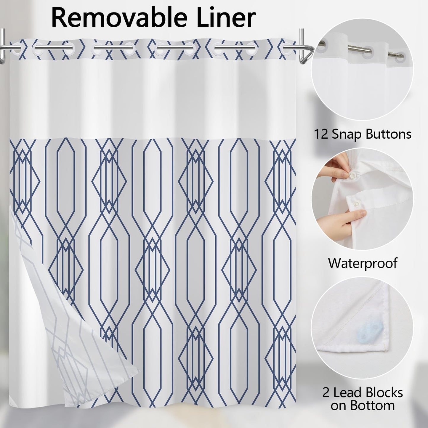 NAEMBCU No Hook Shower Curtain and Liner Set - Blue Gray Geometric Bathroom Shower Curtain with Liner, Waterproof Fabric with See Through Top Window, 71x74 Inch