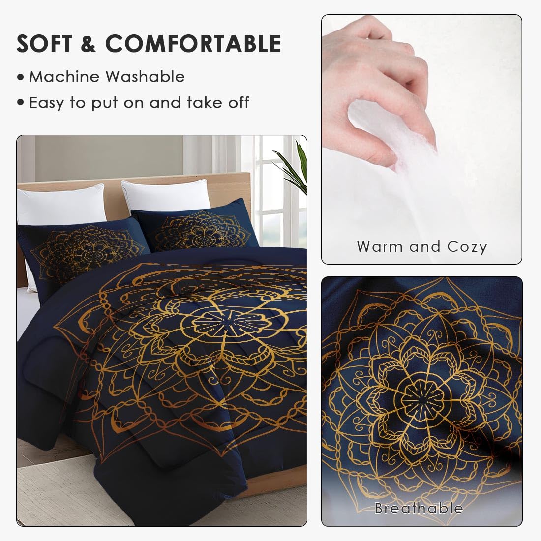 WeCozy Queen Size Comforter Set with 2 Pillowcases, Navy Blue Boho Gold Mandala Soft 3 Pcs Bedding for Kids and Adults Bedroom Bed Decor
