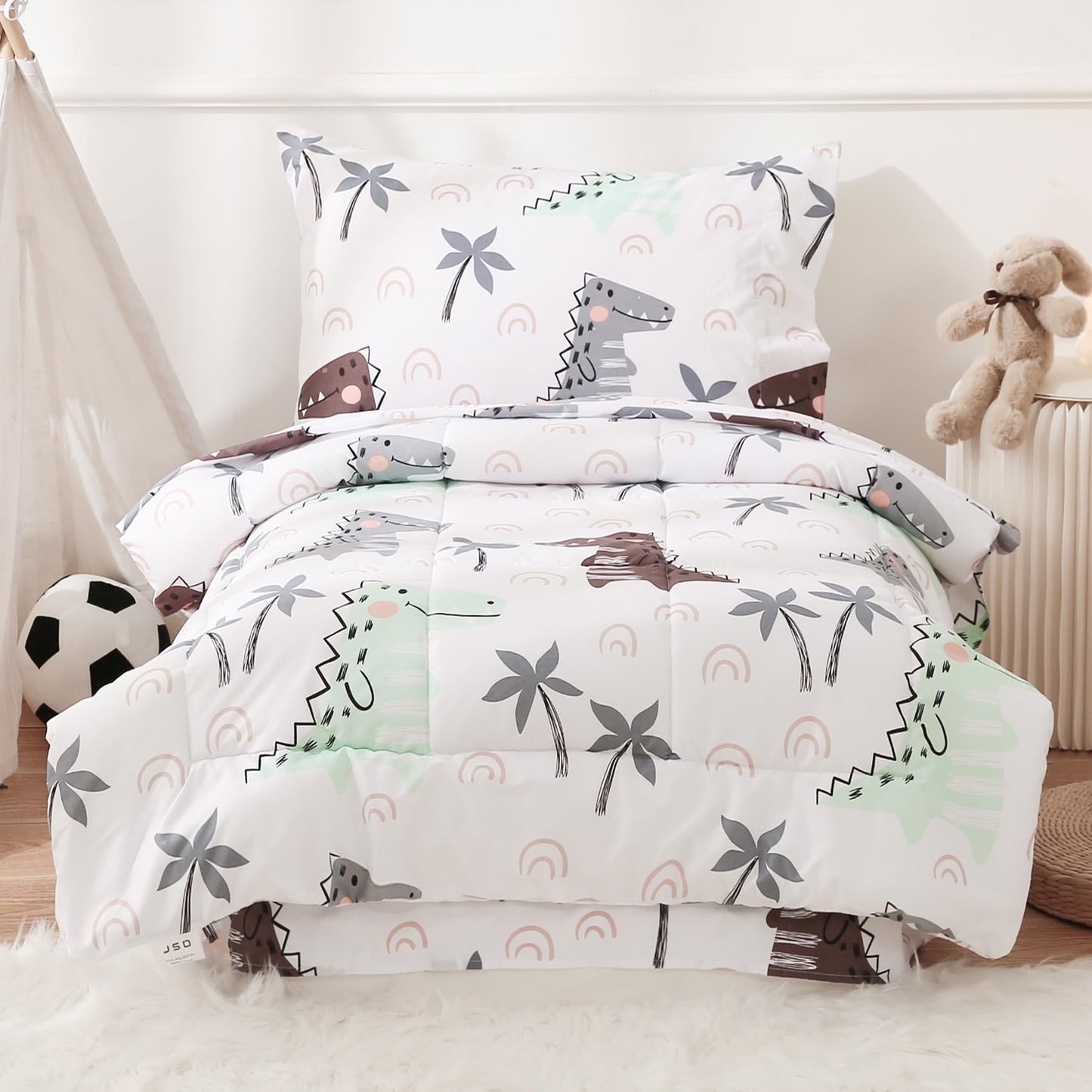JSD Dinosaur Toddler Bedding Set, 4 Piece Bed-in-a-Bag Comforter Sheet Set, Machine Washable