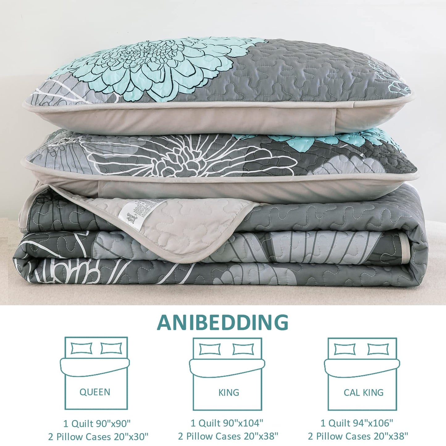 Anibedding Green Floral Queen Size Quilt Set - 3 Pieces Boho Flower Quilt Coverlet Elegant Bohemian Bedspread with 2 Pillowcases Soft Lightweight Bedding Quilts for Adults (Green,96"x90")
